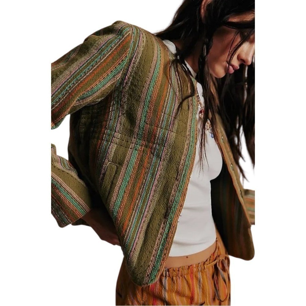 FREE‎ PEOPLE Zandi Kantha Striped Olive Green Jacket Neutral Combo XS New